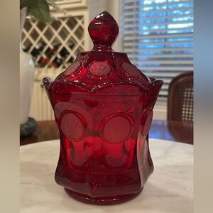 Vintage Fostoria Ruby Red Coin Wedding Bowl Glass Covered Candy Jar Dish
